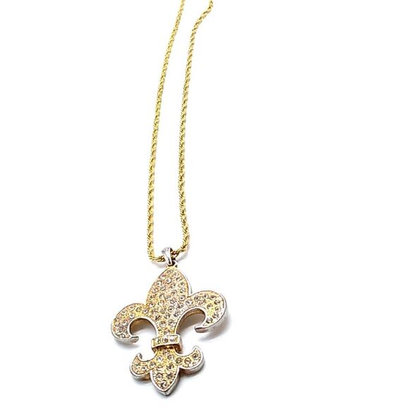 Pave Crystal Fleur de lis Gold-tone & Silver-tone Pendant Rope Chain Necklace - Picture 7 of 11